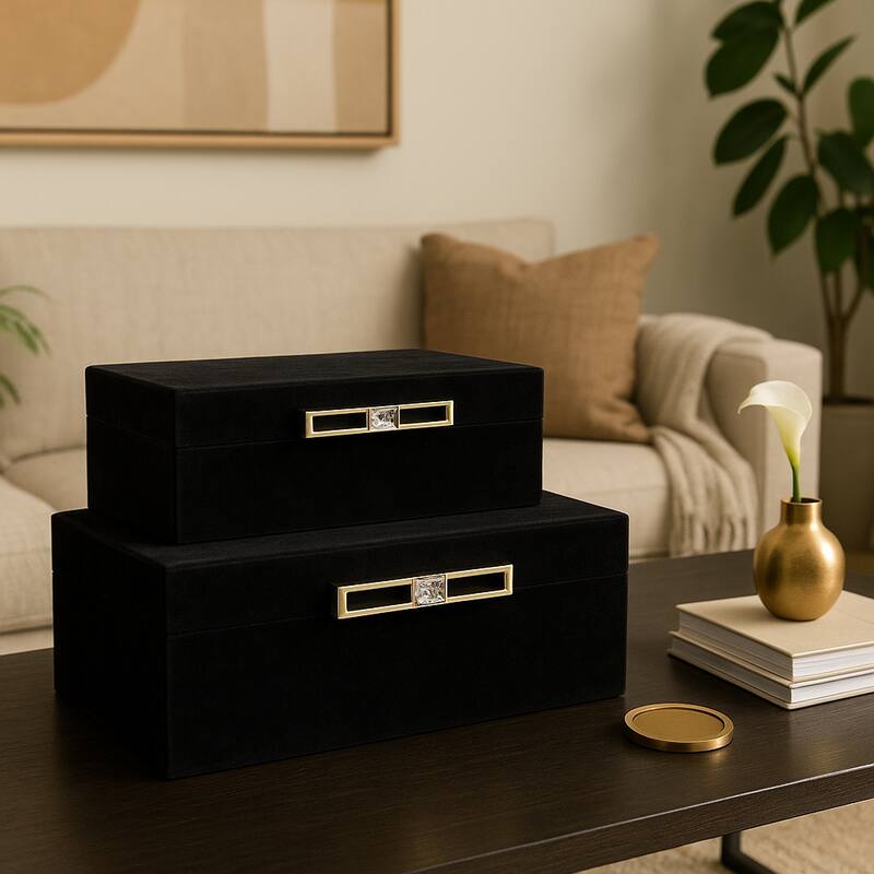 Wood Decorative Boxes Metal Handle with Lid (Set of 2) - 4/6" Black - 14" x 8" x 6" - Black - 14" x 8" x 6"