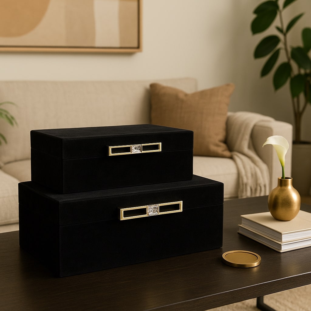Wood Decorative Boxes Metal Handle with Lid (Set of 2) - 4/6" Black - 14" x 8" x 6"