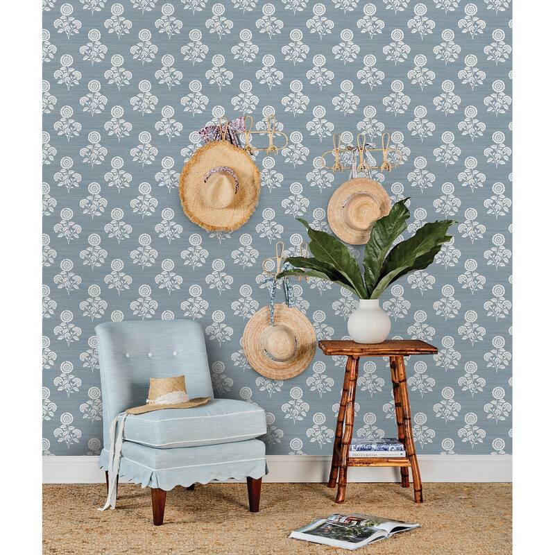 Society Social Flourish Block Print Mineral Blue Faux Grasscloth Peel and Stick Wallpaper