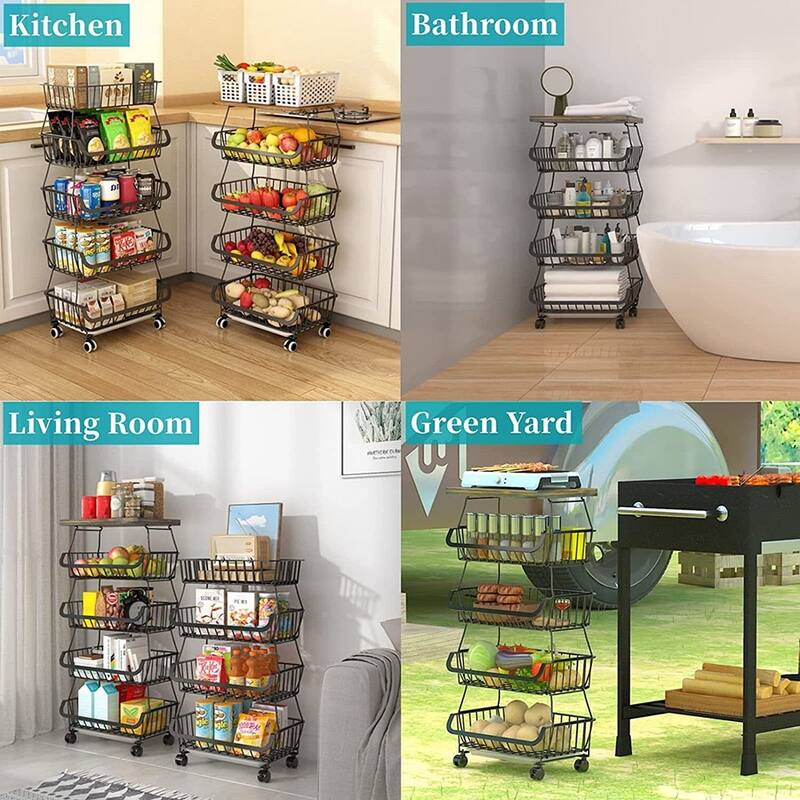 5/6-Tier Stackable Fruit Basket, Rolling Metal Cart with Wheels