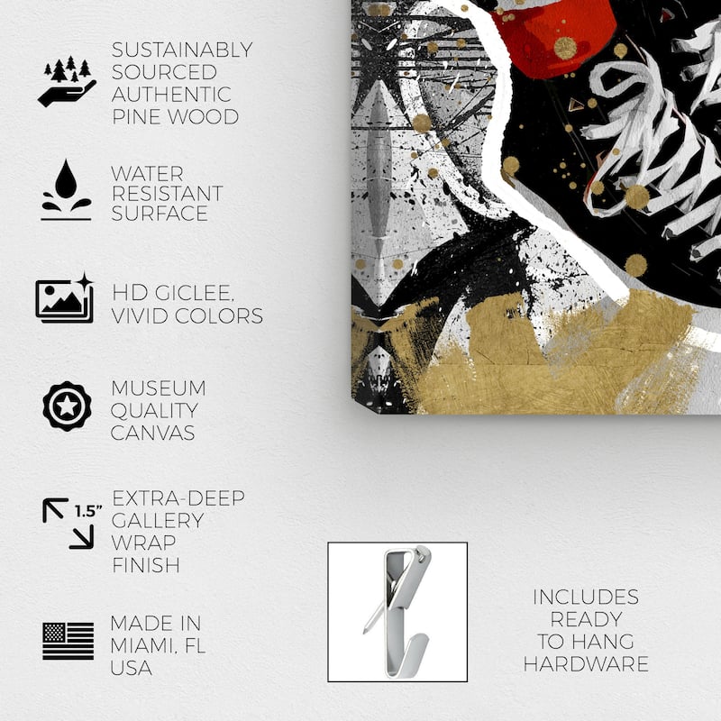 Wynwood Studio Fashion and Glam Cool Kid Sneakers Black and Metallic Gold Modern & Contemporary Wall Art Canvas Print