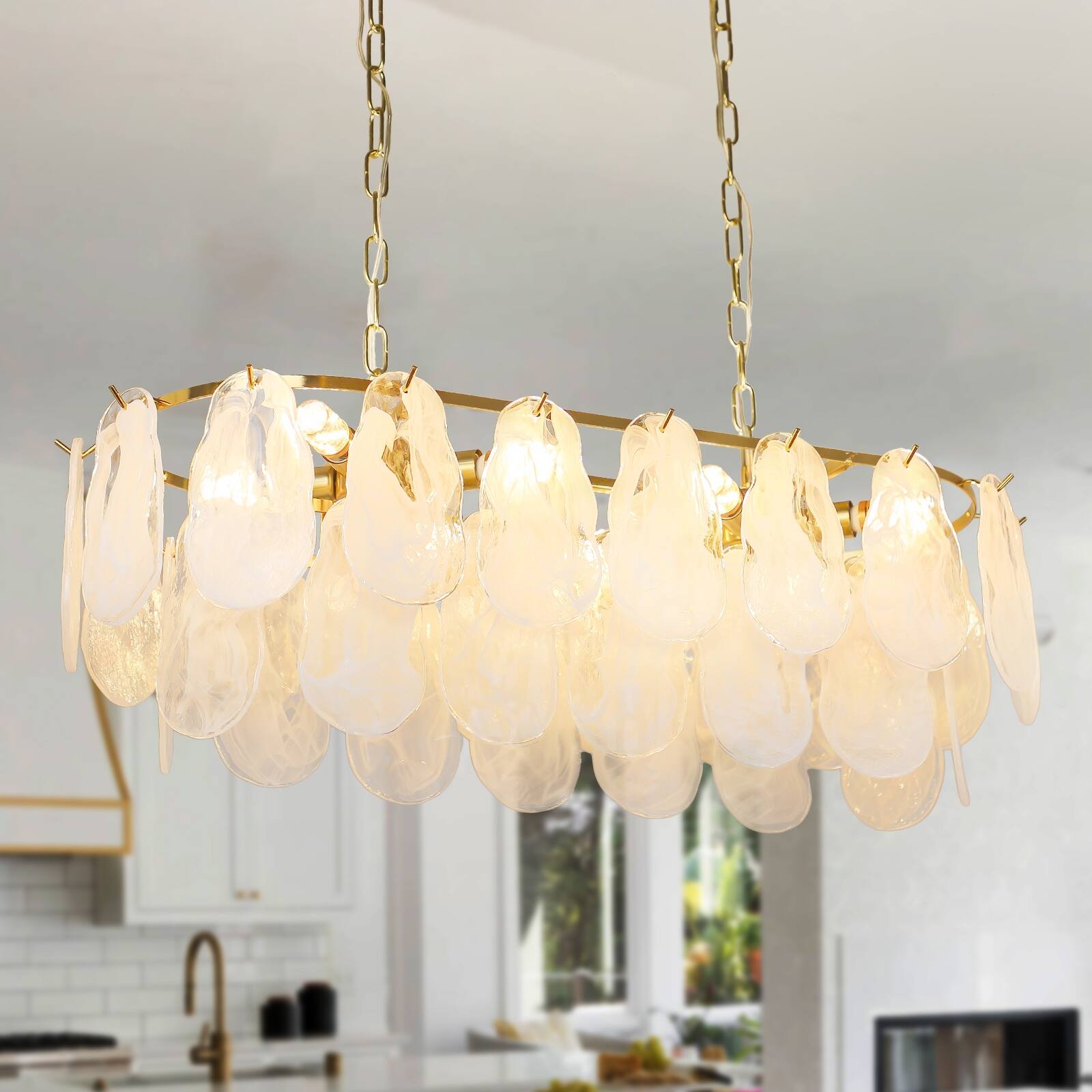 31.5in. 8Light Gold Oval Crystal Chandelier, Adjustable Hanging