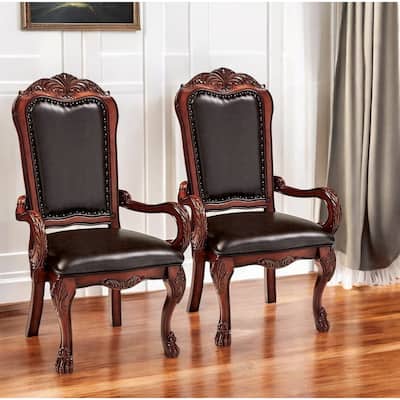 HomeRoots Set of Two Brown Upholstered Faux Leather Queen Anne Back Dining Arm Chairs