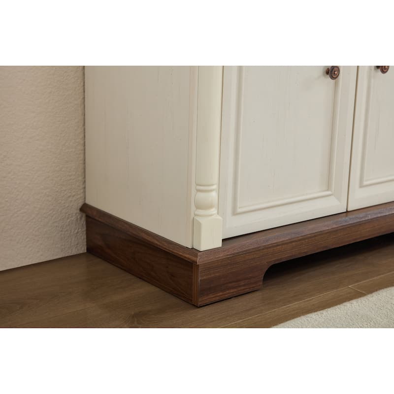 Sideboard Cabinet with Drawers & Doors, Multifunctional Wooden Coffee Bar Cabinet, Large Wall Cabinet with Roman Column Shape - White+Walnut