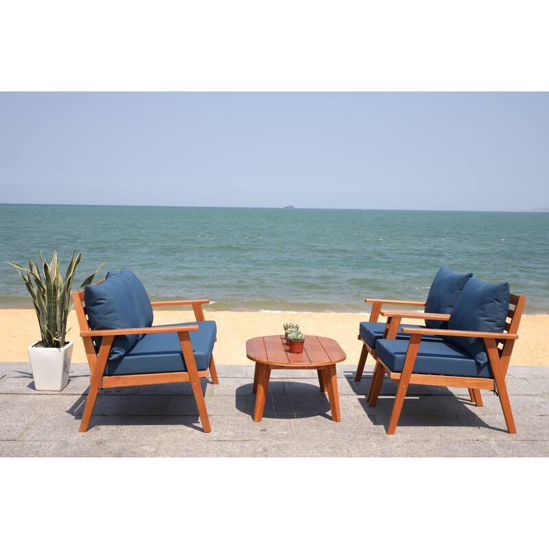 SAFAVIEH Outdoor Deacon 4-piece Conversation Patio Set. - 49" W x 30" D x 31" H - Natural/Navy