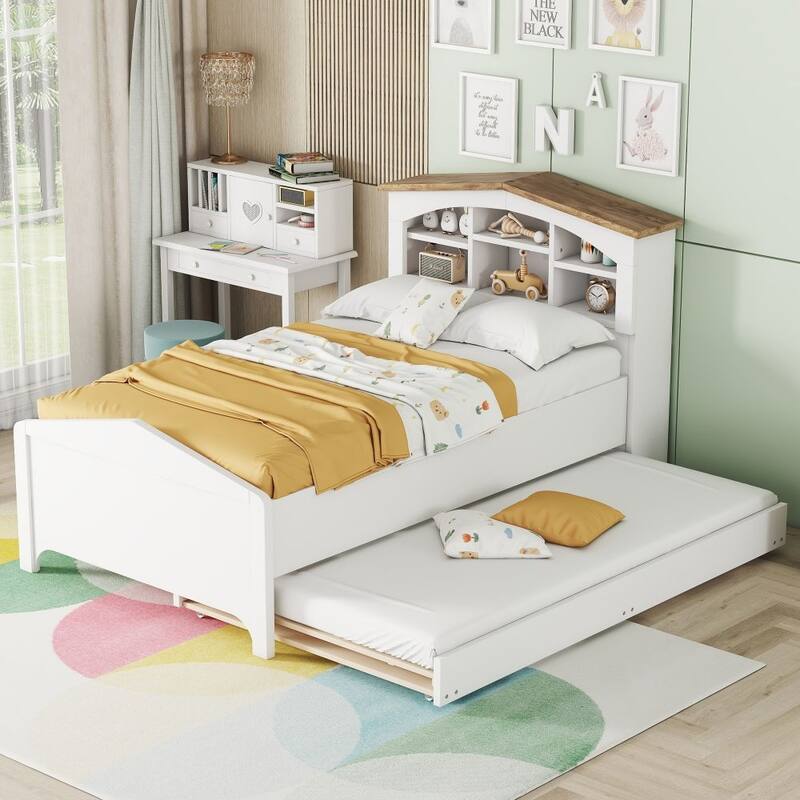 Twin Size Wood Platform Bed with House-shaped Storage Headboard and Trundle - White
