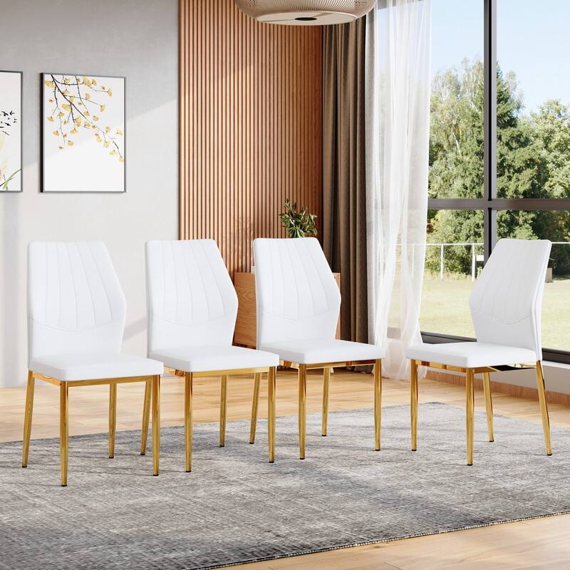 Set of 4 Modern Dining Chairs, 37" High - Ergonomic PU Backrest, Gold Metal Legs - White+Gold