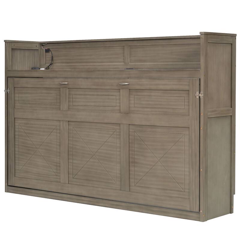 GDFStudio - Solid Wood Twin XL Murphy Bed with Desk, LED Light, USB Charging and Storage