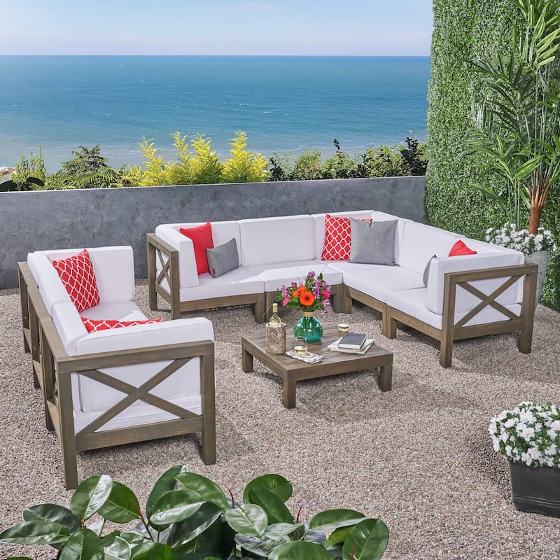 Brava 9-piece Acacia Wood Sectional Sofa Set by Christopher Knight Home - gray finish + white cushion