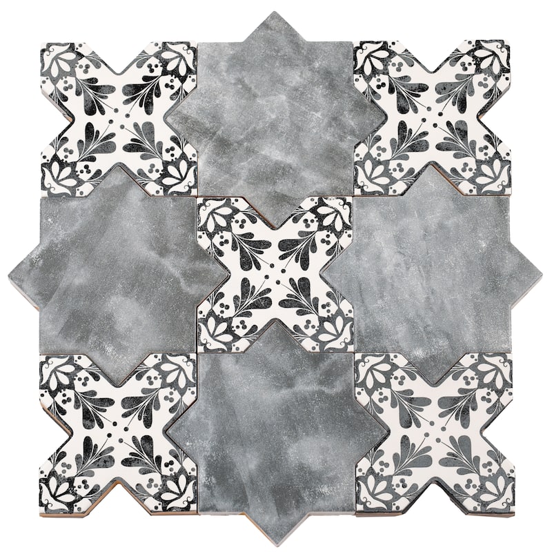 Siena 5" Star with Cross Deco Matte Ceramic Wall and Floor Tile (10.76 sq ft/case) - 54 Pack - Charcoal Black, Gray