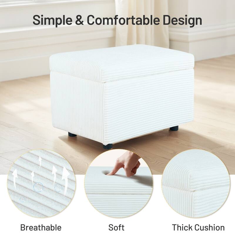 25 in.W Corduroy Upholstered Flip Top Storage Ottoman Footstool w/ Hide Hidden Storage & Solid Wood Legs