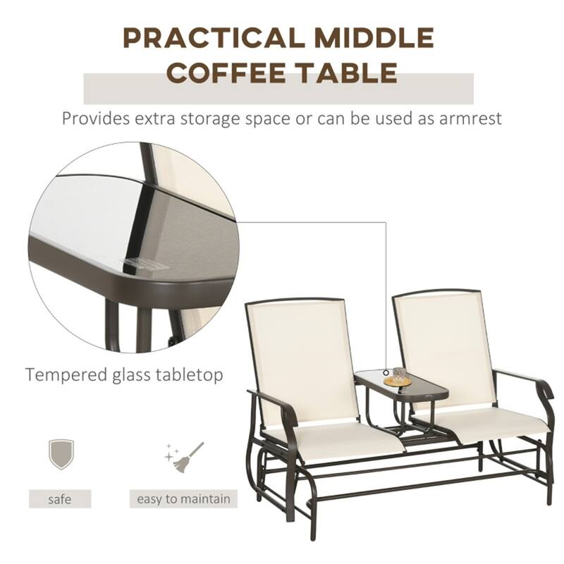 Two-Person Outdoor Mesh Seats Glider Bench with Center Table and Steel Frame for Patio or Garden - 57.75" W x 30.75" D x 40" H