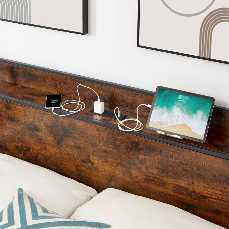 Platform Bed with 2 USB Ports, Power Outlets, and Storage Headboard - 1000 LB Capacity.