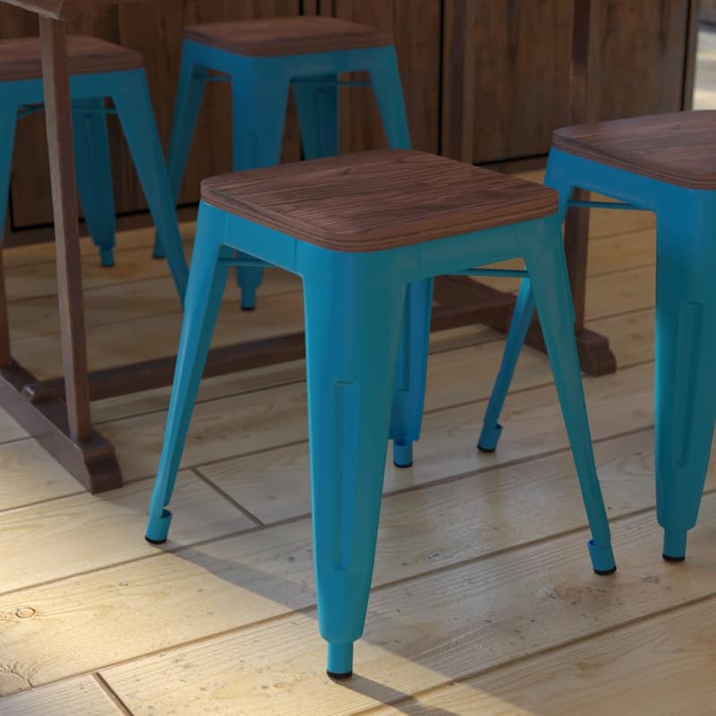 Set of 4 18" Table Height Indoor Stackable Metal Stool with Wood Seat