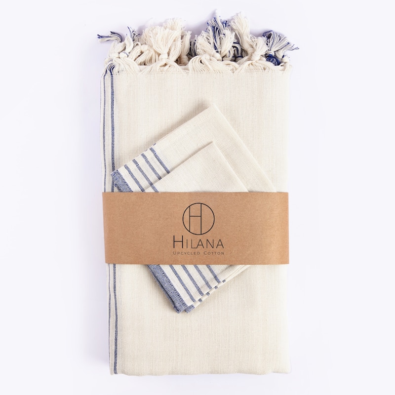 Hilana Upcycled Cotton Sustainable Kayseri Tablecloth Set - Blue