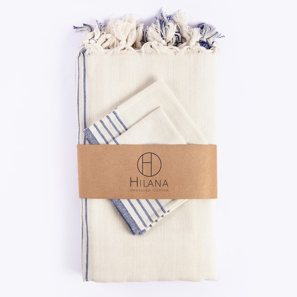 Hilana Upcycled Cotton Sustainable Kayseri Tablecloth Set - Blue