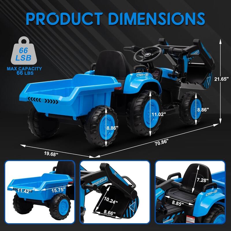 12V Kids 3 in 1 Ride on Excavator & Tractor with Detachable Trailer
