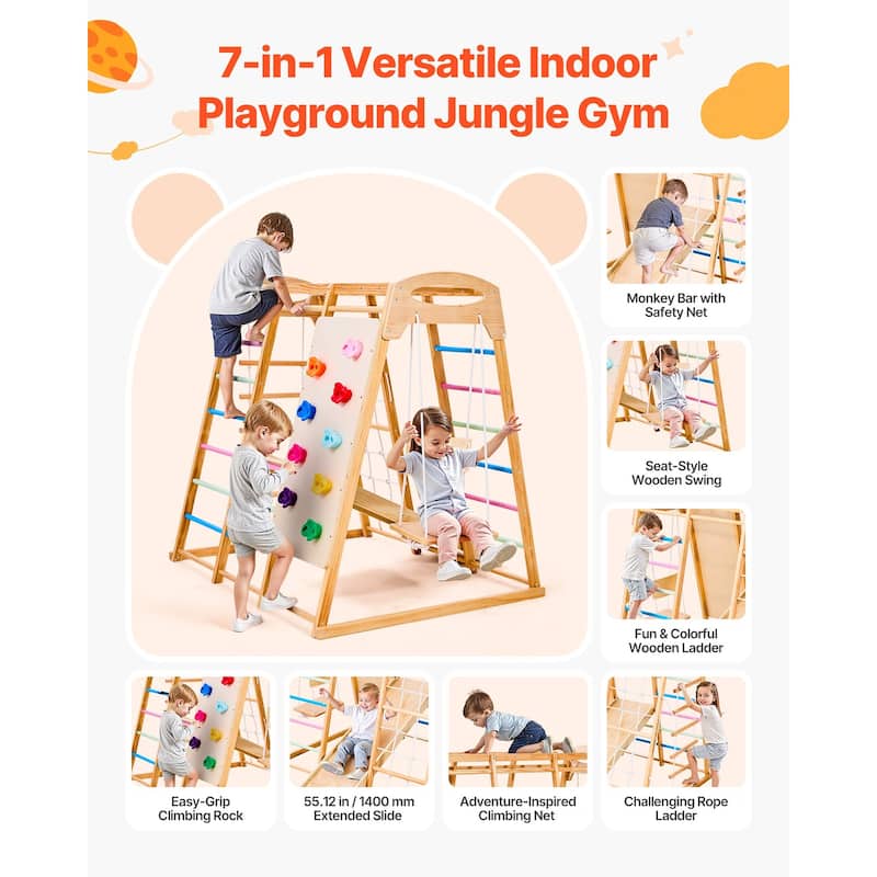 Colorful 7 in 1 Indoor Playground Jungle Gym for Kids with Extended Slide Swing Climbing Net Monkey Bars and 250 lbs Capacity