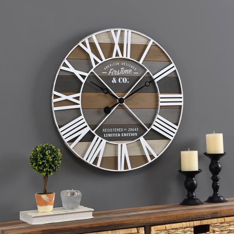 FirsTime & Co. Gray Maritime Farmhouse Planks Clock, American Crafted, Gray, Wood, 24 x 2 x 24 in