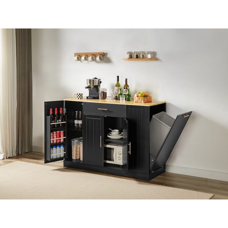 Kitchen Island with Tilt Out Trash Can Holder, Mobile Islands Table with Drawer, Adjustable Shelves & 3 Layer Open Side Racks