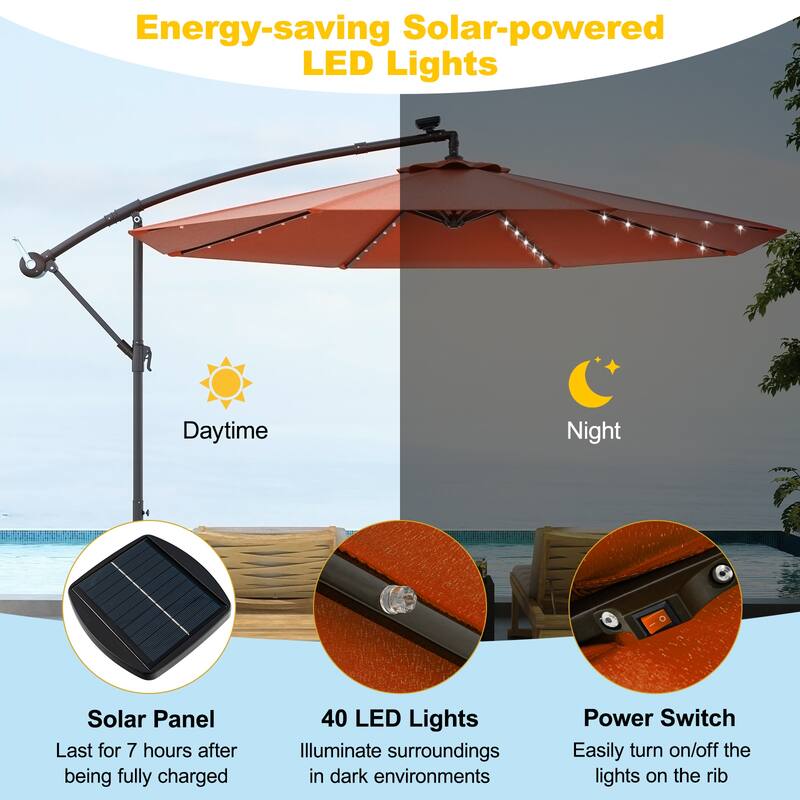 Costway 10 Ft Patio Solar LED Offset Umbrella 40 Lights Crank Cross