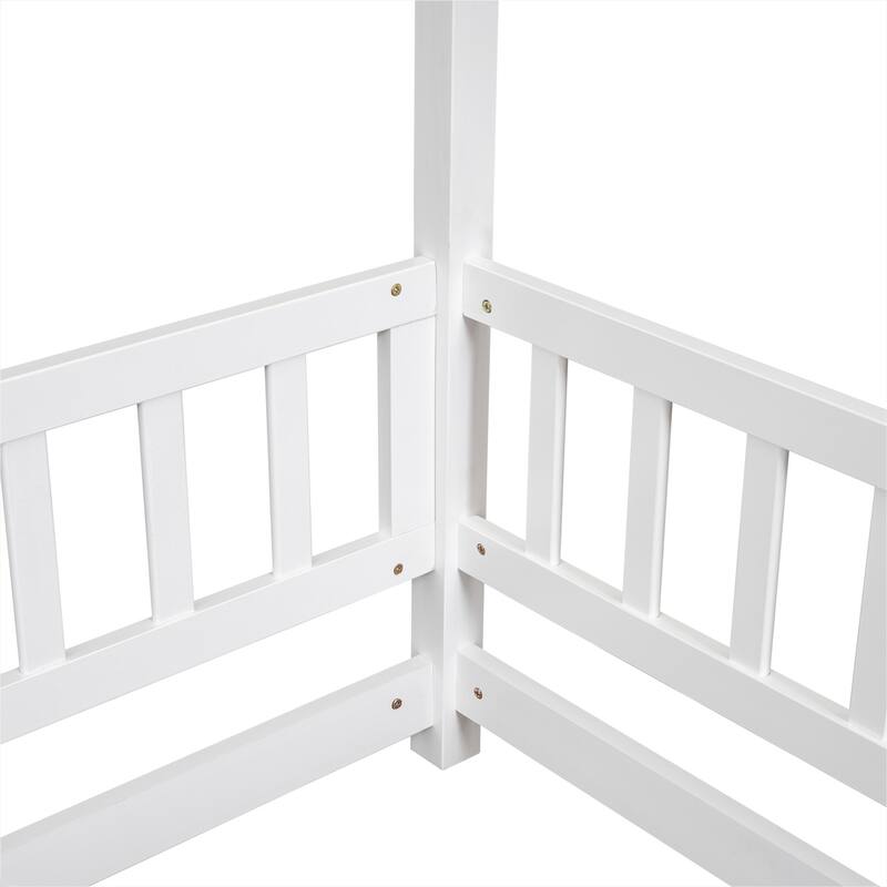 Full Size Floor Wooden Bed with House Roof Frame, Fence Guardrails
