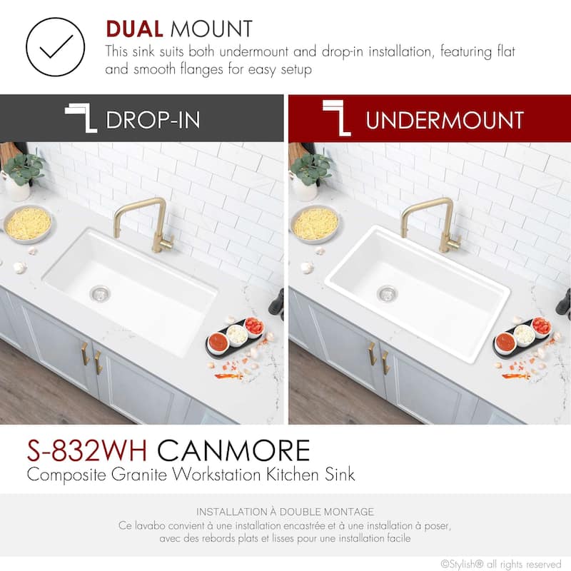 STYLISH Dual Mount 32" Single-Bowl Composite Granite Kitchen Sink - 32" x 18" x 9.5"