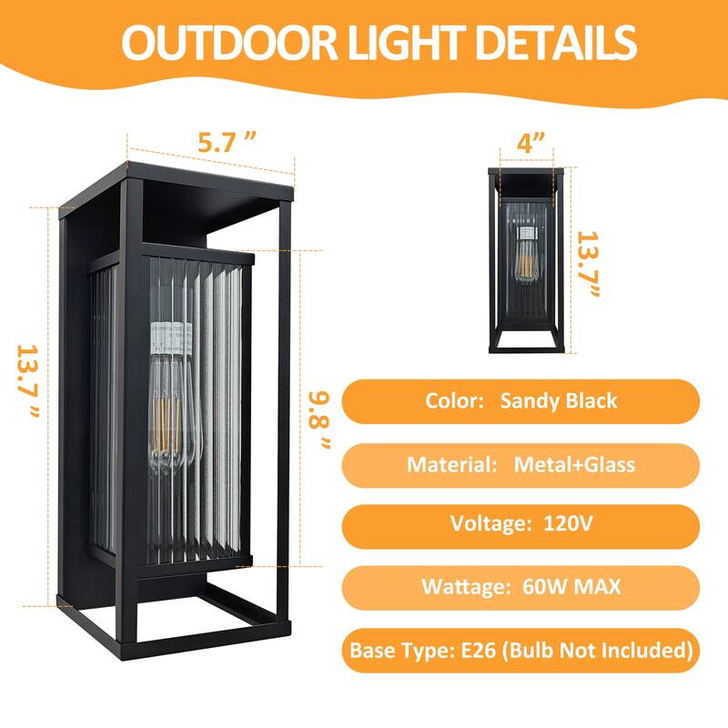 Outdoor Wall Light with Clear Ribbed Glass,Waterproof Exterior Light for Porch/Patio/Garage(2-PACK)
