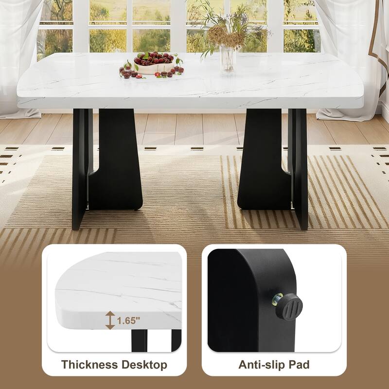 63" Kitchen Table for 4-6 People, Rectangular Dining Table with Faux Marble Tabletop and Geometric Legs