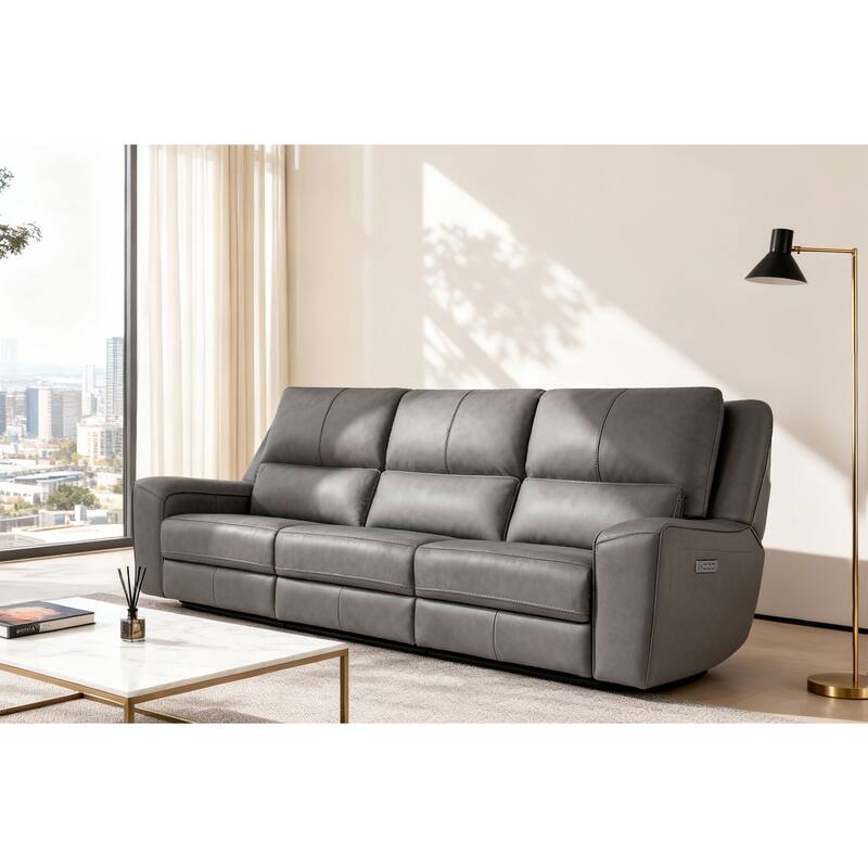 116" W Top Grain Leather Triple-Power Oversized Width Seat Sofa with Ajustable Headrest, USB & USB-C Charging - Grey