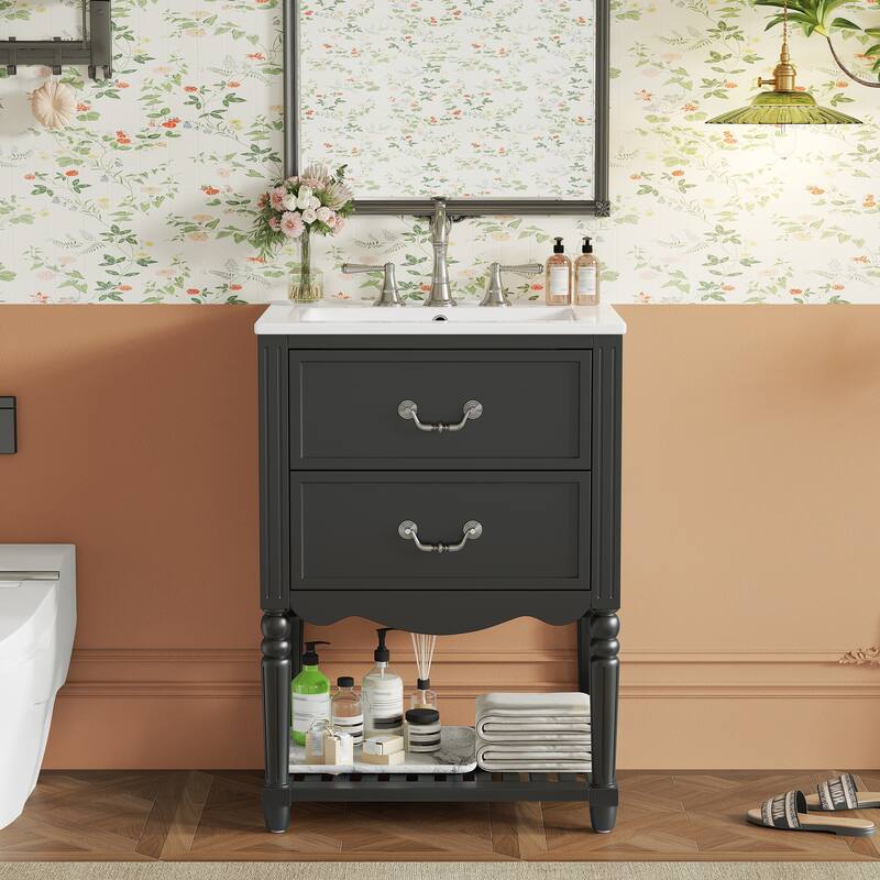 24" Bathroom Vanity with Ceramic Sink, Drawers and an Open Shelf