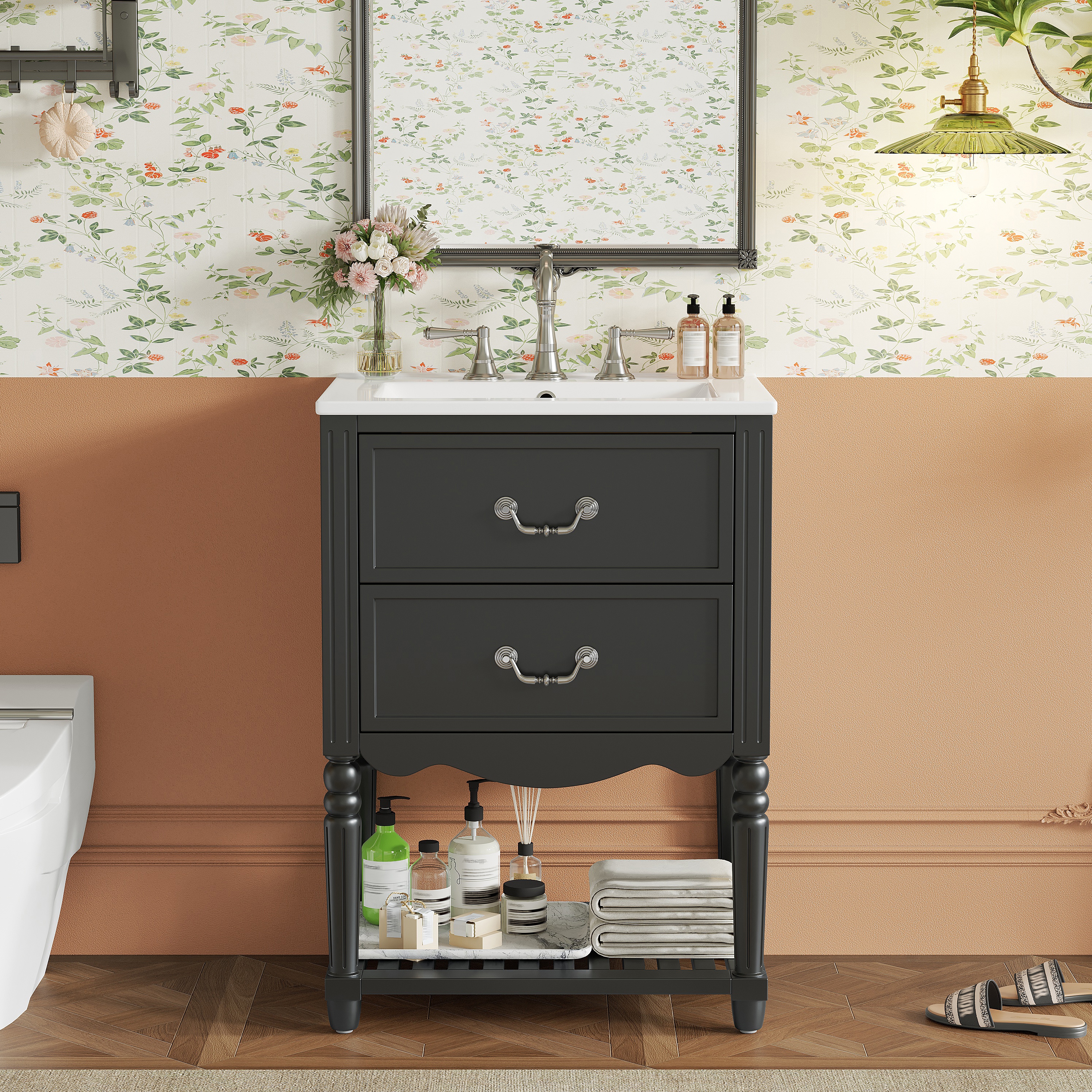 24" Bathroom Vanity with Ceramic Sink, Vintage Wave Design Cabinet with 2 Drawers and Open Shelf