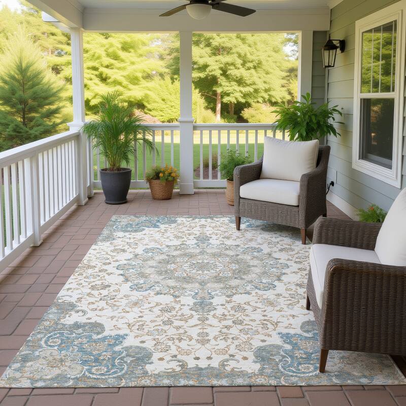 Machine Washable Indoor/ Outdoor Traditional Awaka Chantille Rug - Ivory - 9' x 12'