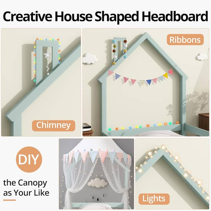 Twin Size House-Shaped Headboard Floor Bed with Fences