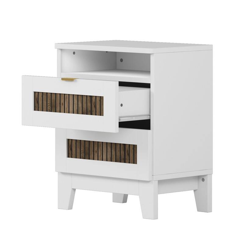 4-Pc Full/Queen Farmhouse Bedroom Set with Wooden Strip Stickers, Storage Nightstand & Dresser, White/Black