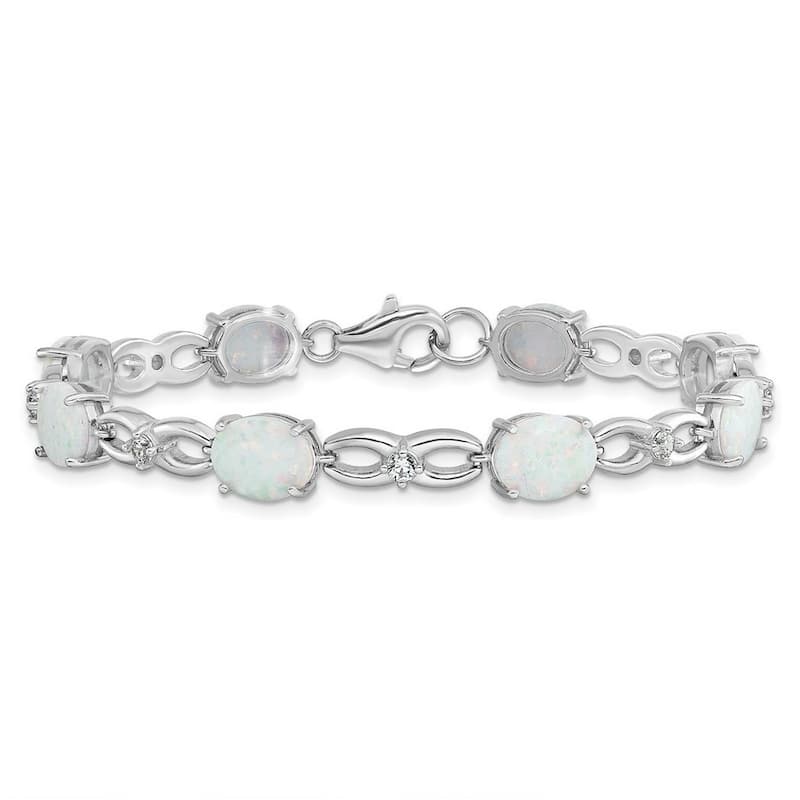 Curata 925 Sterling Silver 7.25" 5mm Rhodium-plated White Simulated Opal and Cubic Zirconia Bracelet