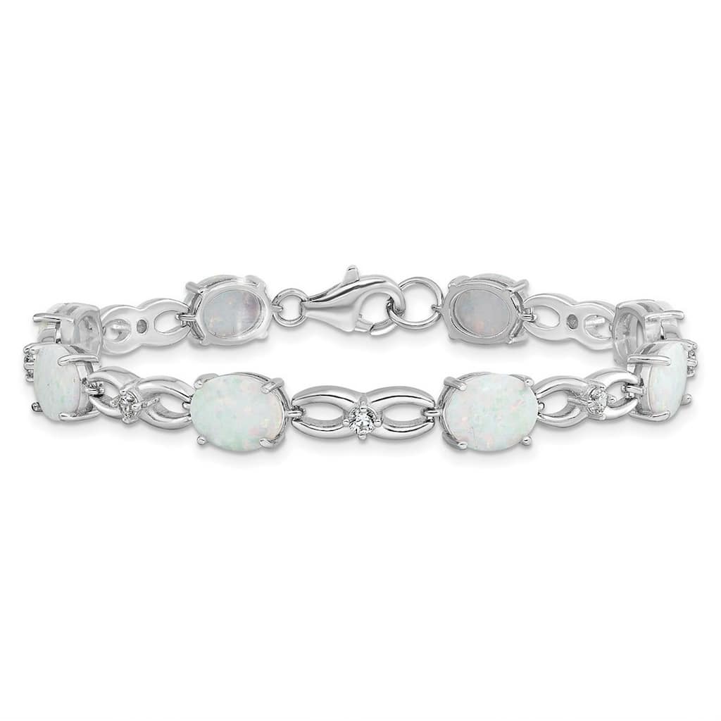 Curata 925 Sterling Silver 7.25" 5mm Rhodium-plated White Simulated Opal and Cubic Zirconia Bracelet