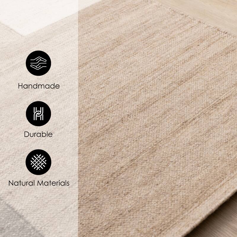 Taupe Beige White Stacked Squares Handmade Wool Rug