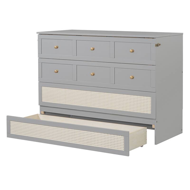 Full Size Murphy Bed Hidden Cabinet Bed with Drawer Underneath and Rattan Patterned, Clever Space Utilization Classic Grey