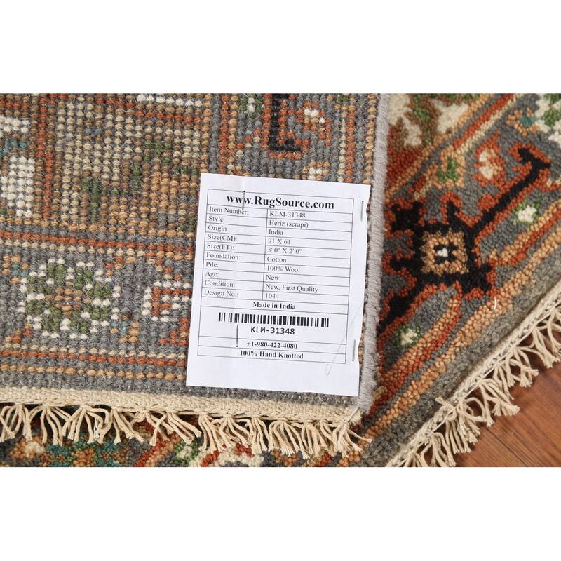 Grey Heriz-Serapi Indian Accent Rug Hand-Knotted Wool Carpet - 2'0"x 3'0"