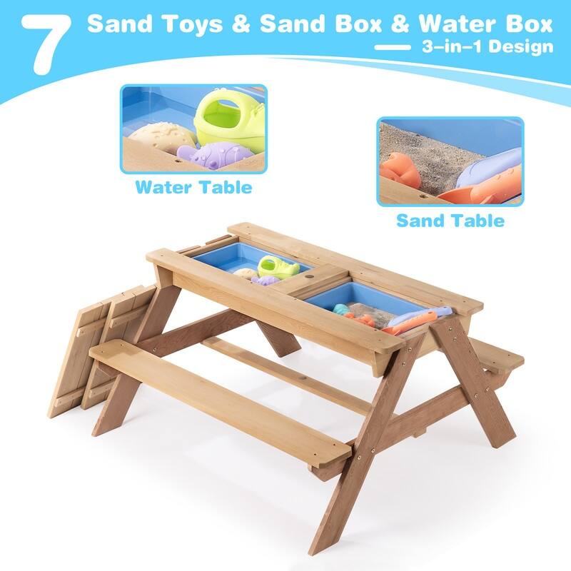 3-in-1 Kids Outdoor Wooden Picnic Table With Umbrella, Convertible Sand & Water