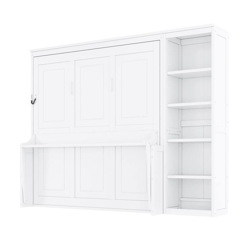 Full/Queen Size Murphy Bed with Built-in Desk, Wall Bed Folding Bed Frame with 5-Tier Side Bookshelf