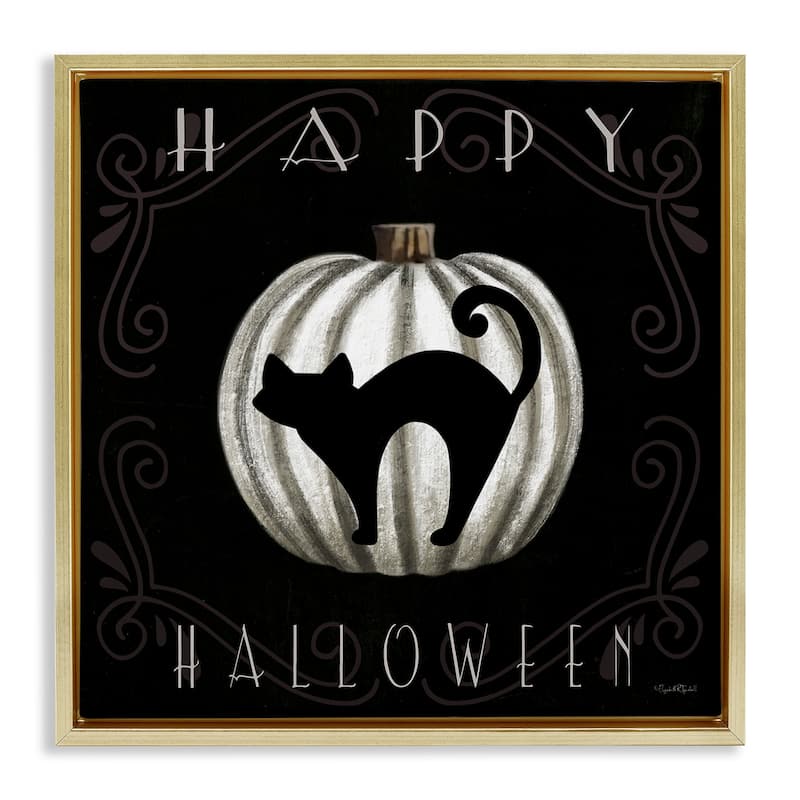 Stupell Happy Halloween Cat & Pumpkin Framed Floater Canvas Wall Art Design By Elizabeth Tyndall - 25 x 25 - Gold