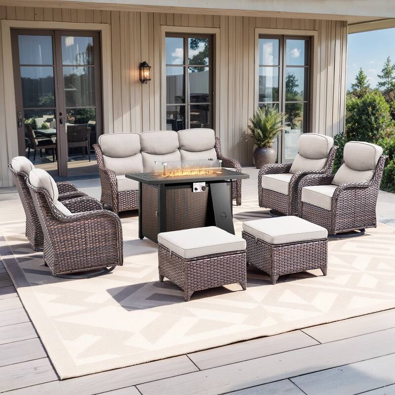 Pocassy Patio Furniture Set with 43 inch Fire Pit Table - Beige Cushion Brown Wicker - 8-Piece Sofa Siwvel Chair Ottoman w/ Fire Table