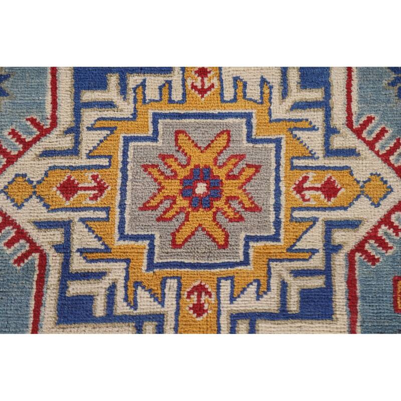 Hand Knotted Oriental 100% Wool Carpet Traditional Geometric Navy Blue & Blues Kazak Area Rug - 9' 8'' X 6' 7''