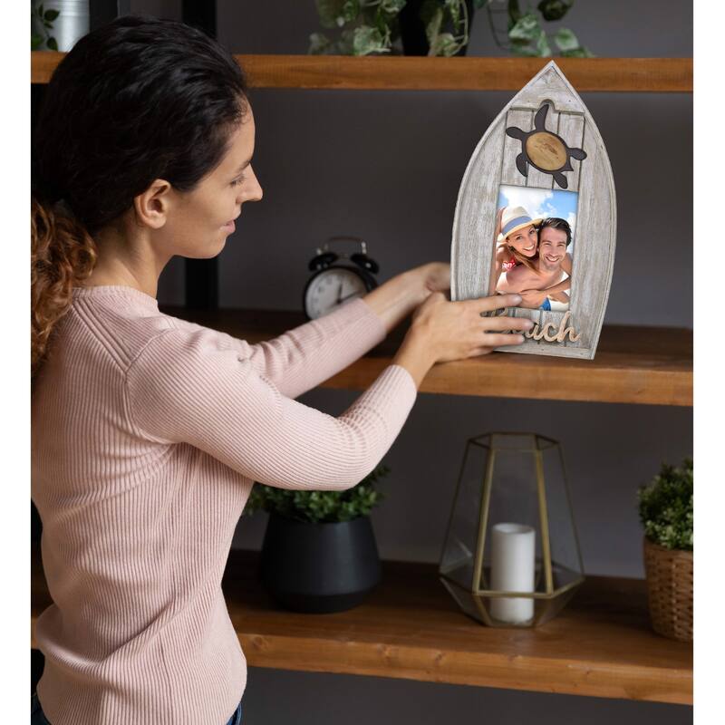 CoTa Global Grey Distressed Wood Coastal Sea Turtle Boat 3.5X5 Frame - 11 inches