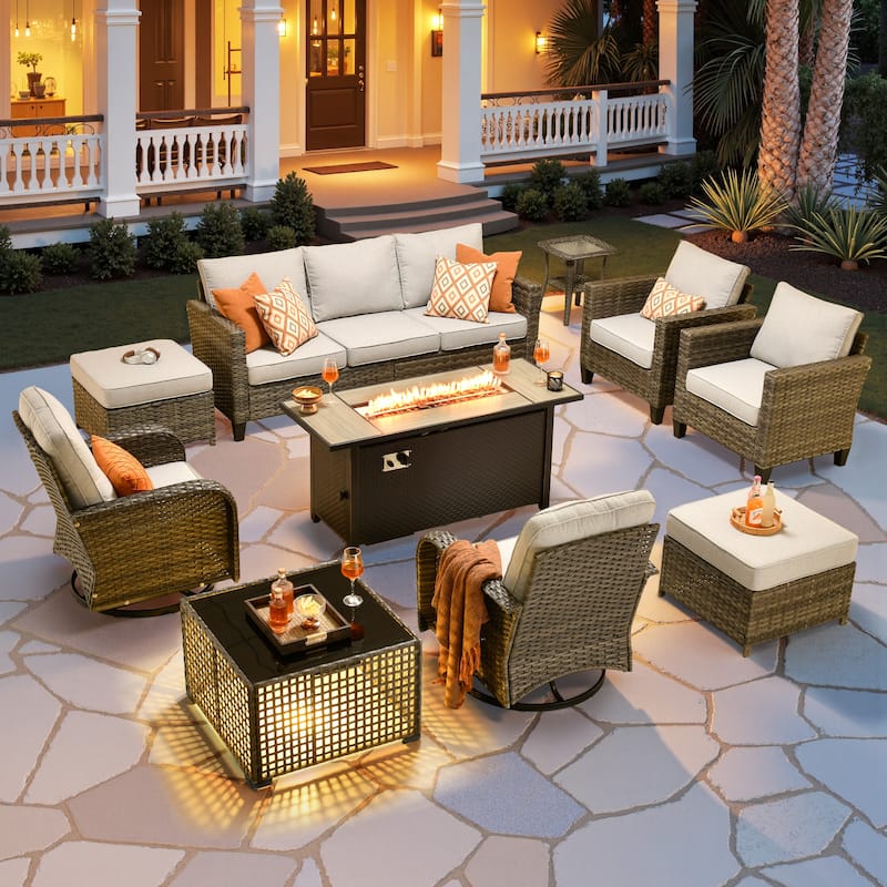 HOOOWOOO 10-piece Patio Furniture Set with Swivel Rocking Chairs Wicker Conversation Set - Grey