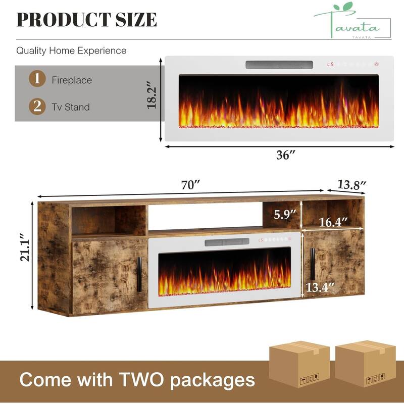 BOSSIN 70" Floating TV Stand with 36" Electric Fireplace, High Gloss Finish Wall Mounted Fireplace TV Stand with Storage