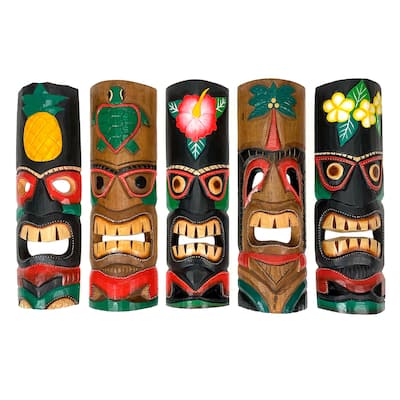 Zeckos Carved Wood Polynesian Tiki Wall Decor Masks 20 Inch (Set Of 5)