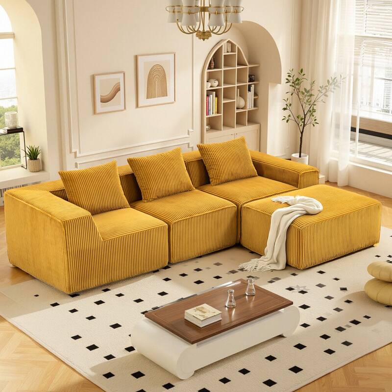 Modular Sleeper Sofa Bed Corduroy L-shaped Sectional Sofa with Chaise Floor Standing Multi Person Compressed Sofa with Ottoman
